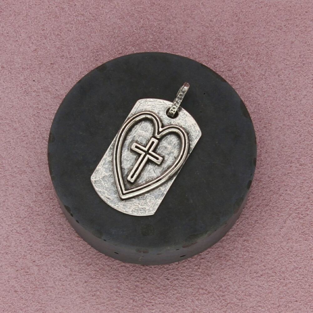 sterling silver hammered cross heart dog tag pendant